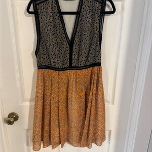 Sandro Black, white, and orange Pleated Mini Dress